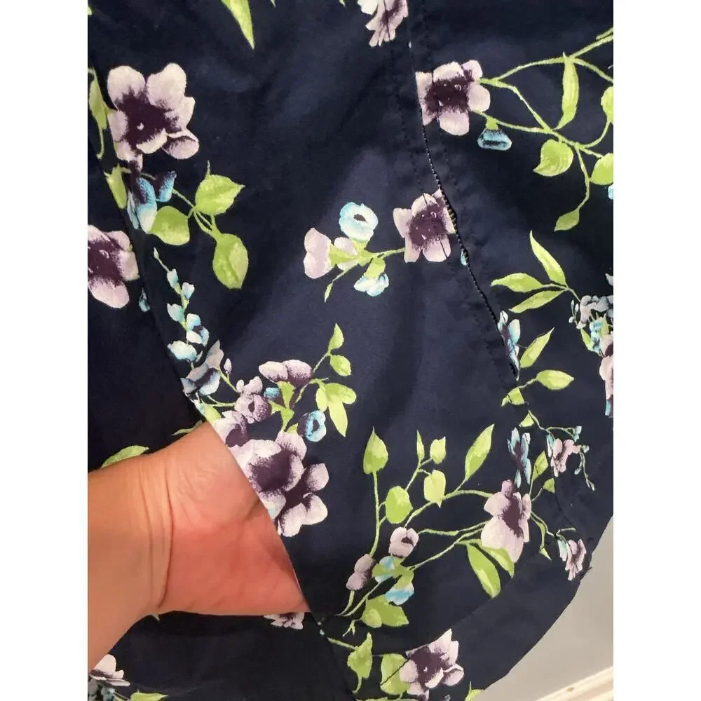 Chicos Womens Full Zip Cotton Jacket Size 3 XL Navy Blue Floral Cottagecore Work